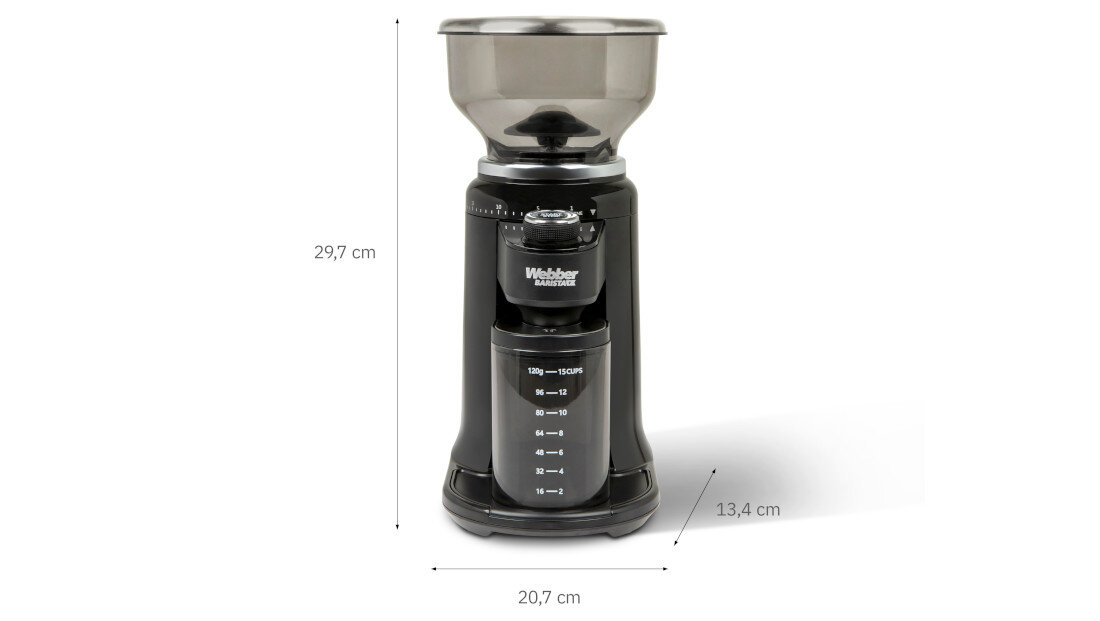 Młynek do kawy WEBBER CG6 Solidna obudowa CNC korpus wykonanie z anodowanego aluminium obrabianego techniką CNC Odporność na intensywne użytkowanie Estetyczne wykończenie wymiary