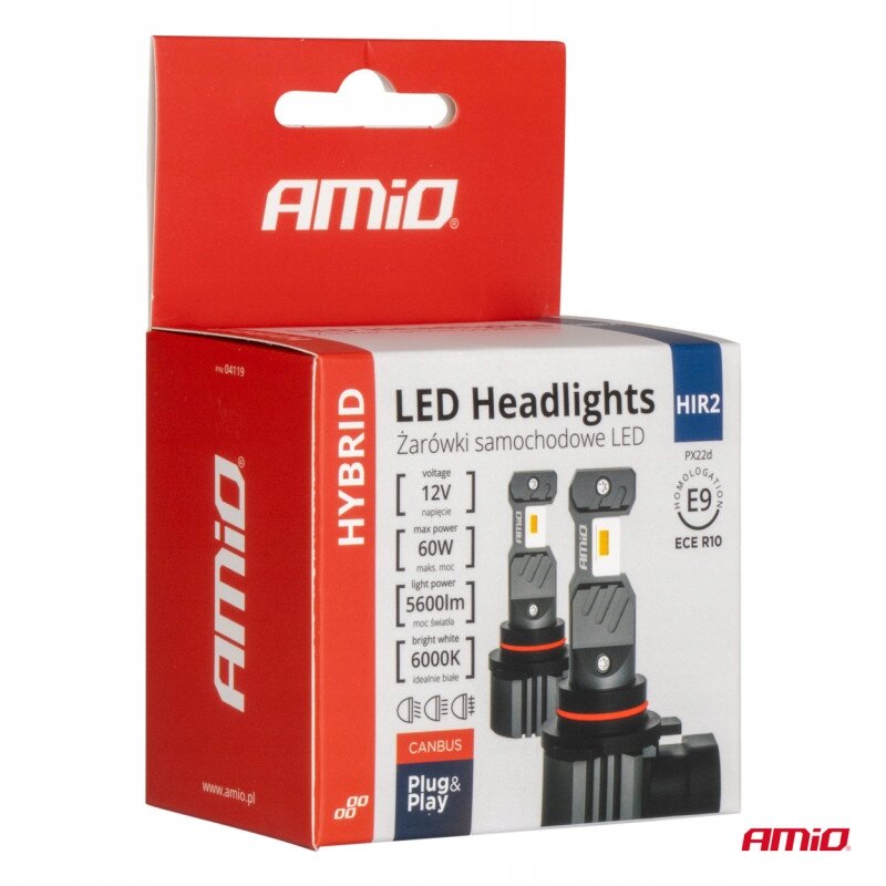 Opakowanie żarówek samochodowych LED marki Amio z napisem \'LED Headlights Żarówki samochodowe LED\'. Widoczne parametry to 12V, 60W, 5600lm, 6000K oraz oznaczenia CANBUS i Plug & Play.
