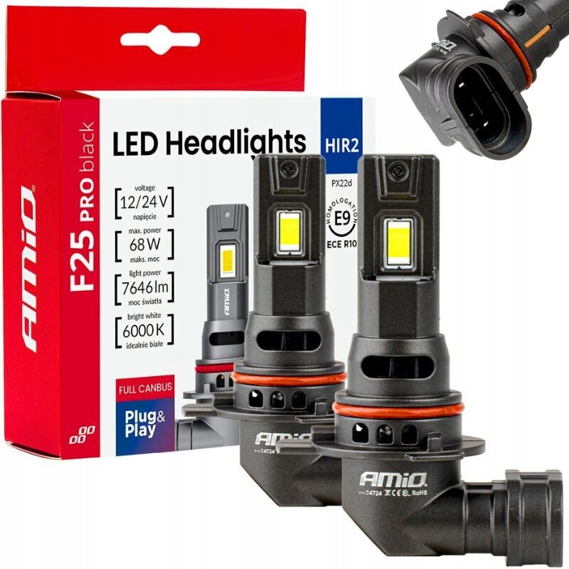 Na obrazie widoczne są dwie żarówki samochodowe LED oraz opakowanie z napisem \'Amio F25 PRO black LED Headlights HIR2\'. Na opakowaniu znajdują się informacje: \'voltage 12/24V\', \'max. power 68W\', \'light power 7646lm\', \'bright white 6000K\', \'FULL CANBUS\', \'Plug & Play\'.