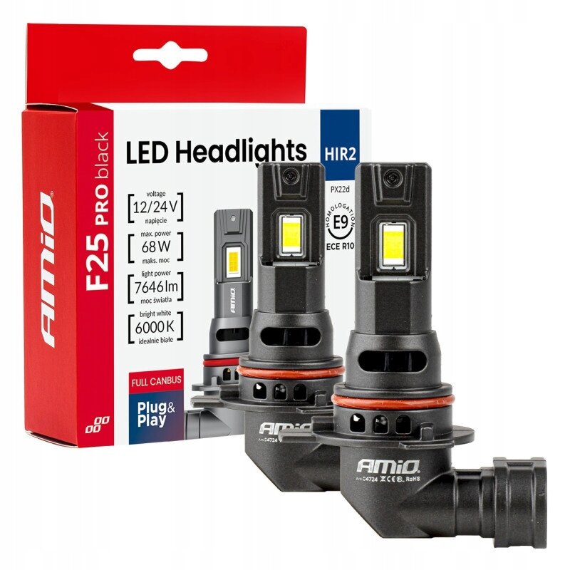 Obraz przedstawia dwa czarne żarówki samochodowe LED marki Amio z widocznymi elementami świetlnymi. W tle znajduje się opakowanie z napisami: \'F25 PRO black\', \'LED Headlights\', \'HIR2\', \'voltage 12/24V\', \'max. power 68W\', \'light power 7646lm\', \'bright white 6000K\', \'FULL CANBUS\', \'Plug & Play\'.