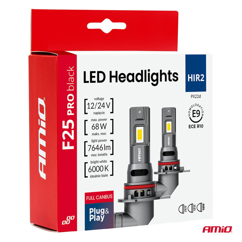 Opakowanie żarówek samochodowych LED marki Amio z serii F25 Pro Black, z napięciem 12/24V, mocą 68W i jasnością 7646lm. Na opakowaniu widnieje napis \'LED Headlights\' oraz informacje o pełnym systemie CANBUS i temperaturze barwowej 6000K.