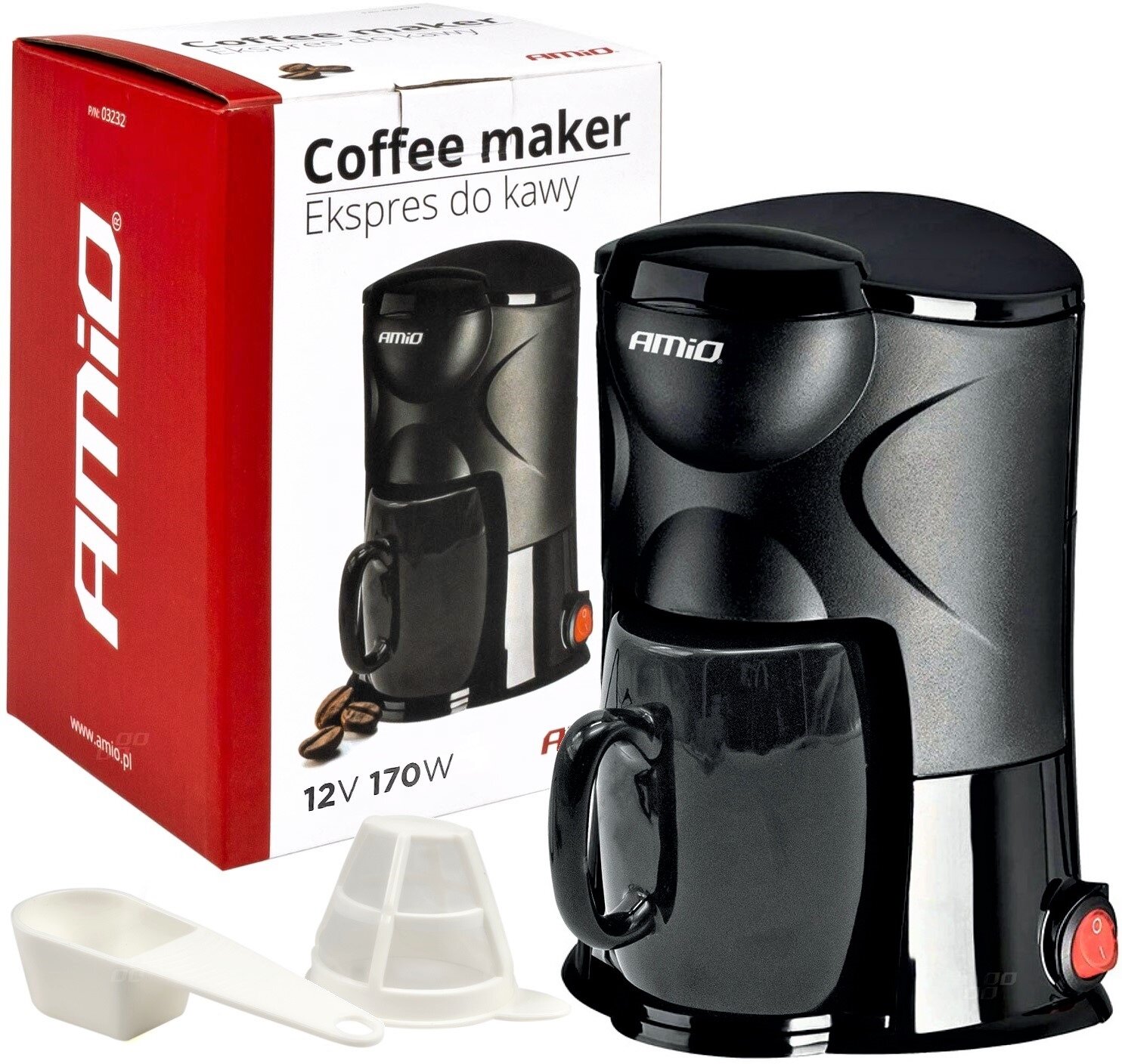 Na obrazie znajduje się czarny ekspres do kawy z logo \'Amio\', obok którego stoi pudełko z napisem \'Coffee maker Ekspres do kawy\'. Widoczne są również akcesoria: miarka i filtr.