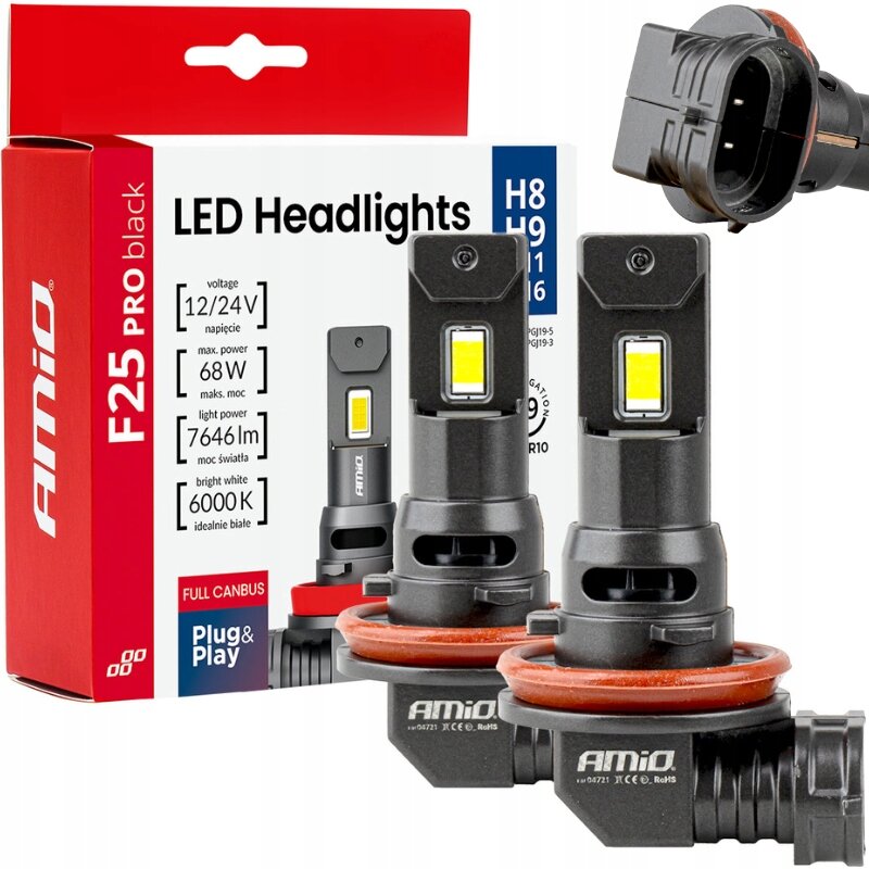 Obraz przedstawia dwa czarne żarówki LED z żółtymi elementami świetlnymi oraz opakowanie z napisem \'Amio F25 Pro black LED Headlights H8 H9 H11 H16\'. Na opakowaniu widoczne są specyfikacje: \'voltage 12/24V\', \'max. power 68W\', \'light power 7646lm\', \'bright white 6000K\'.