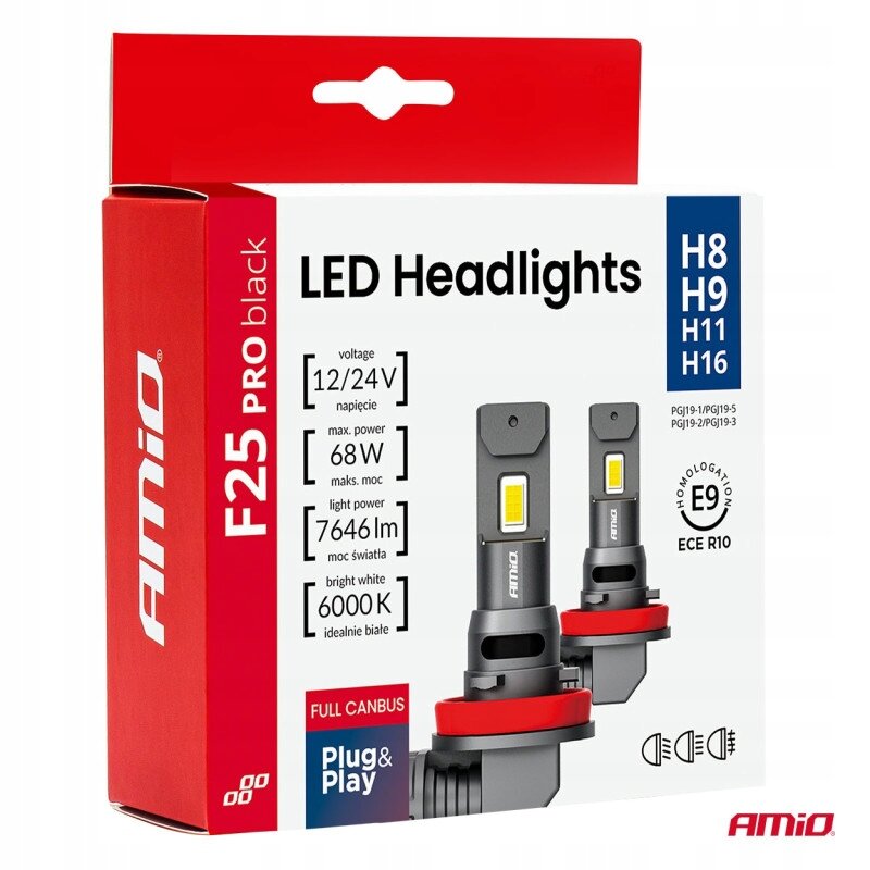 Opakowanie żarówek LED do samochodów marki Amio, model F25 Pro Black, z oznaczeniami H8, H9, H11, H16. Na opakowaniu widnieją informacje: napięcie 12/24V, maks. moc 68W, moc światła 7646 lm, idealnie białe 6000K, oraz logo Amio.