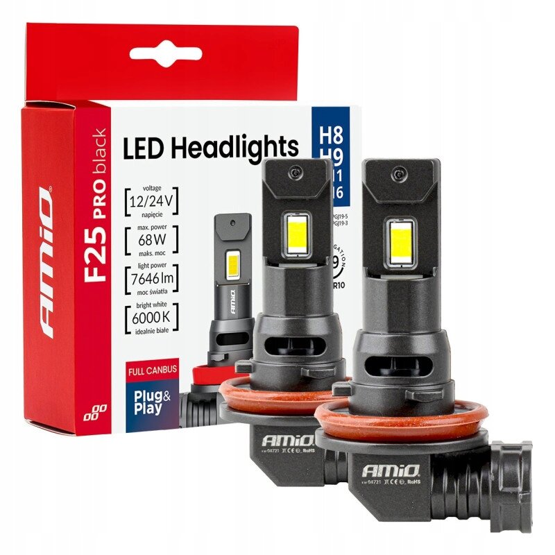 Na obrazie widoczne są dwie żarówki samochodowe LED oraz opakowanie z napisem \'Amio F25 PRO black LED Headlights\'. Na opakowaniu znajdują się specyfikacje: \'voltage 12/24V\', \'max. power 68W\', \'light power 7646lm\', \'bright white 6000K\'.