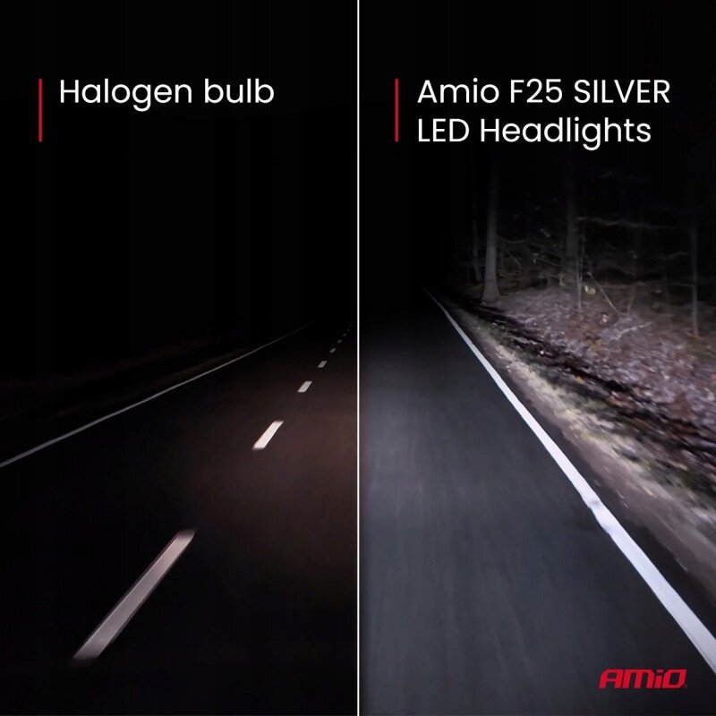 Obraz przedstawia porównanie dwóch rodzajów oświetlenia na drodze: po lewej stronie \'Halogen bulb\' z ciemniejszym oświetleniem, a po prawej \'Amio F25 SILVER LED Headlights\' z jaśniejszym oświetleniem. W prawym dolnym rogu widoczne jest logo \'Amio\'.