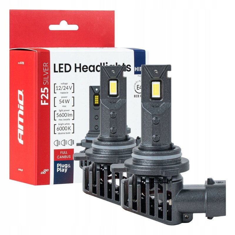Na obrazie widoczne są dwie żarówki LED oraz opakowanie z napisem \'Amio F25 Silver LED Headlights\'. Opakowanie zawiera informacje techniczne: napięcie 12/24V, moc 54W, strumień świetlny 5600lm, temperatura barwowa 6000K, oraz oznaczenia \'Full Canbus\' i \'Plug & Play\'.