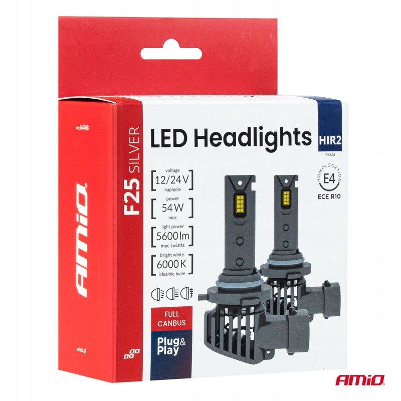 Opakowanie żarówek LED HIR2 F25 Silver marki AMiO z grafiką dwóch żarówek i informacjami technicznymi: napięcie 12/24V, moc 54W, moc światła 5600lm, idealnie białe 6000K. Widoczne są napisy: \'LED Headlights\', \'FULL CANBUS\', \'Plug & Play\' oraz logo AMiO.