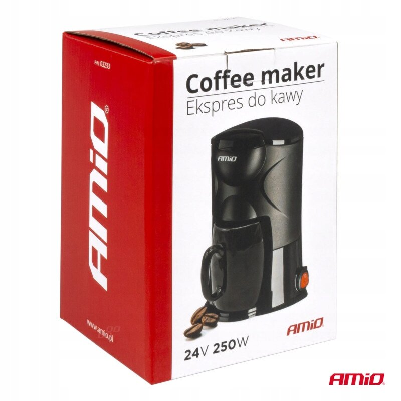 Opakowanie ekspresu do kawy z napisem \'Coffee maker Ekspres do kawy\' oraz logo \'Amio\'. Widoczny jest czarny ekspres do kawy z kubkiem, oznaczenie \'24V 250W\'.