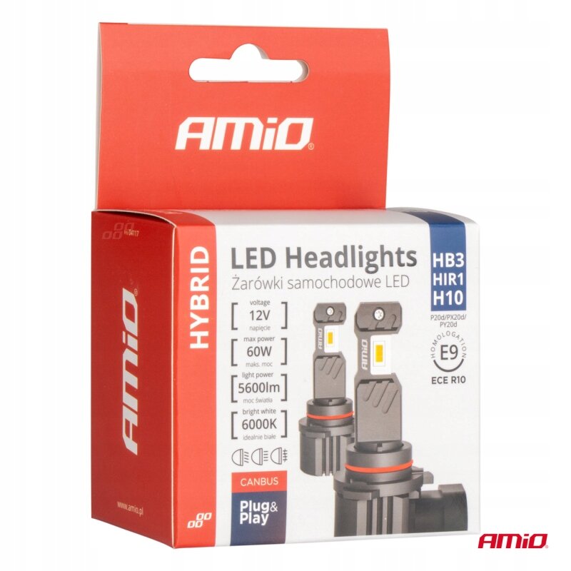 Opakowanie żarówek samochodowych LED marki Amio z oznaczeniami HB3, HIR1, H10, o napięciu 12V, mocy 60W, jasności 5600lm i temperaturze barwowej 6000K. Widoczne są również napisy: \'CANBUS\', \'Plug & Play\' oraz logo Amio.
