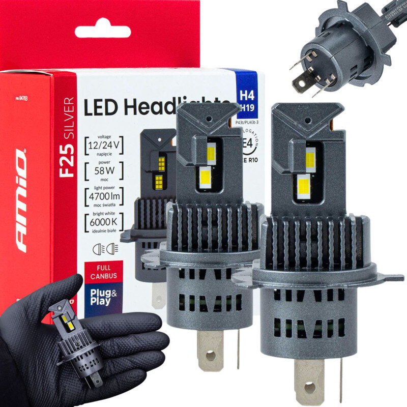 Na obrazie widoczne są dwie żarówki LED H4 z oznaczeniem Amio F25 Silver, umieszczone przed opakowaniem z napisem \'LED Headlights\'. Opakowanie zawiera informacje: \'voltage 12/24V\', \'power 58W\', \'light power 4700lm\', \'bright white 6000K\', \'FULL CANBUS\', \'Plug & Play\'.