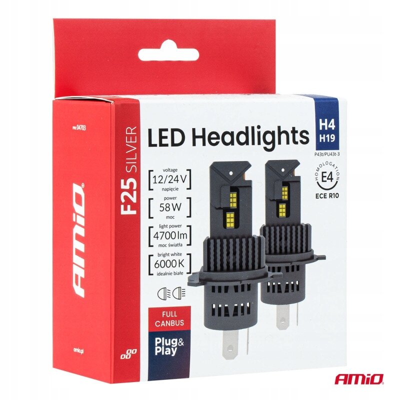 Opakowanie żarówek LED H4 H19 marki Amio z oznaczeniem F25 Silver, zawierające informacje o napięciu 12/24V, mocy 58W, strumieniu świetlnym 4700lm i temperaturze barwowej 6000K. Widoczne są dwa modele żarówek oraz logo Amio.