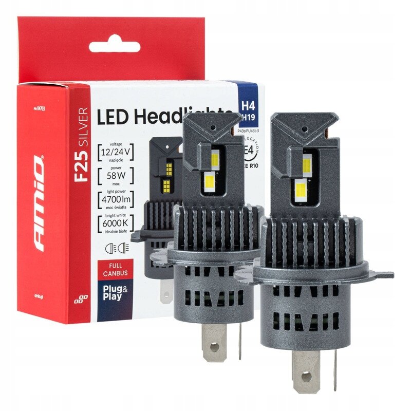 Na obrazie widoczne są dwie żarówki LED H4 oraz opakowanie z napisem \'Amio F25 Silver LED Headlight\'. Opakowanie zawiera informacje techniczne, takie jak napięcie 12/24V, moc 58W, strumień świetlny 4700lm i temperatura barwowa 6000K.