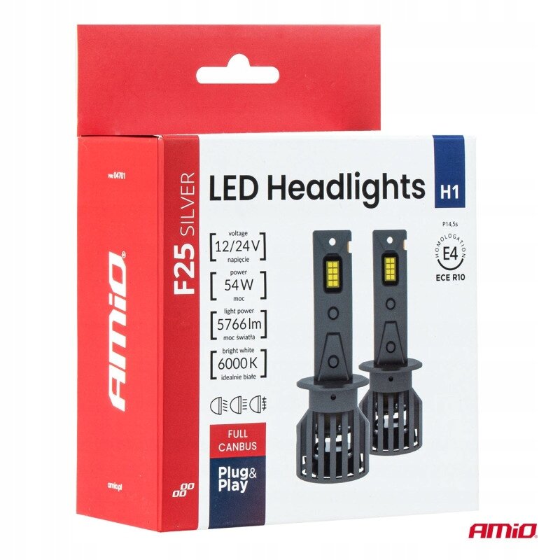 Opakowanie żarówek LED Amio F25 Silver z oznaczeniami: napięcie 12/24V, moc 54W, moc światła 5766lm, idealnie białe 6000K. Widoczne są dwa rysunki żarówek oraz logo Amio.
