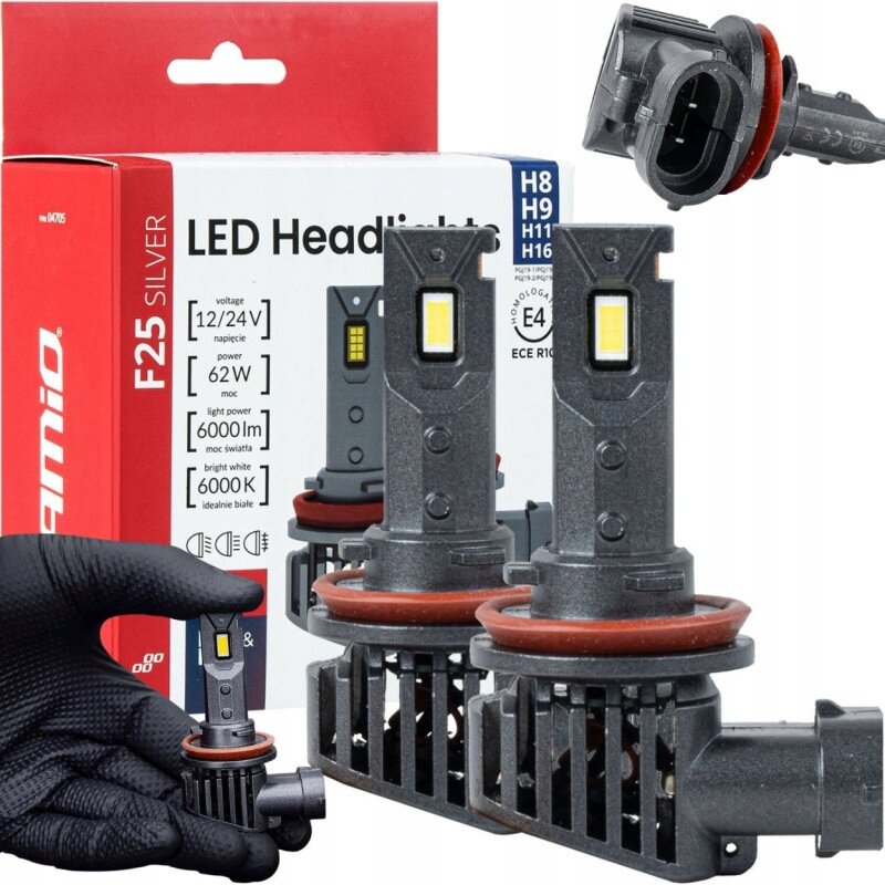 Na obrazie widoczne są dwie żarówki LED z oznaczeniami H8, H9, H11, H16 oraz opakowanie z napisem \'LED Headlight\' i \'F25 SILVER\'. Widoczny jest również tekst: \'voltage 12/24V\', \'power 62W\', \'light power 6000lm\', \'bright white 6000K\'.