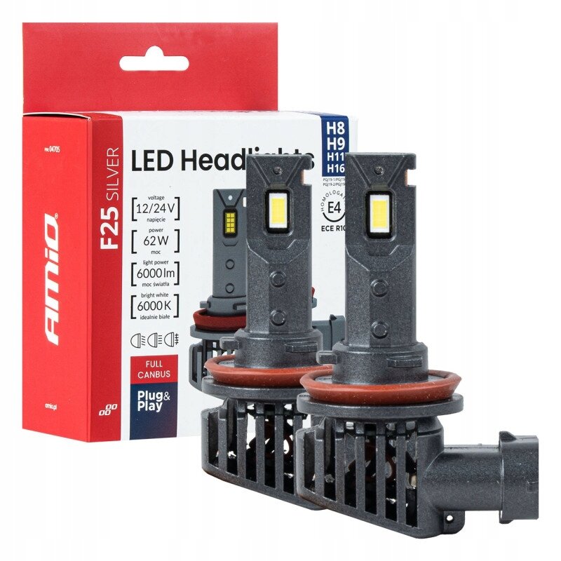 Na obrazie widoczne są dwie żarówki LED oraz opakowanie z napisem \'Amio F25 Silver LED Headlights\'. Opakowanie zawiera informacje techniczne, takie jak napięcie 12/24V, moc 62W, strumień świetlny 6000lm i temperatura barwowa 6000K.