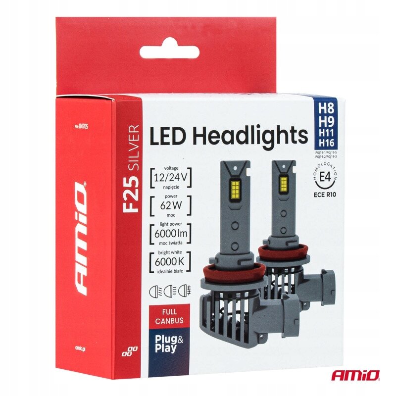Opakowanie żarówek LED F25 Silver z widocznymi parametrami: napięcie 12/24V, moc 62W, moc światła 6000lm, idealnie białe 6000K. Na opakowaniu znajduje się logo \'Amio\' oraz oznaczenia H8, H9, H11, H16, FULL CANBUS, Plug & Play.