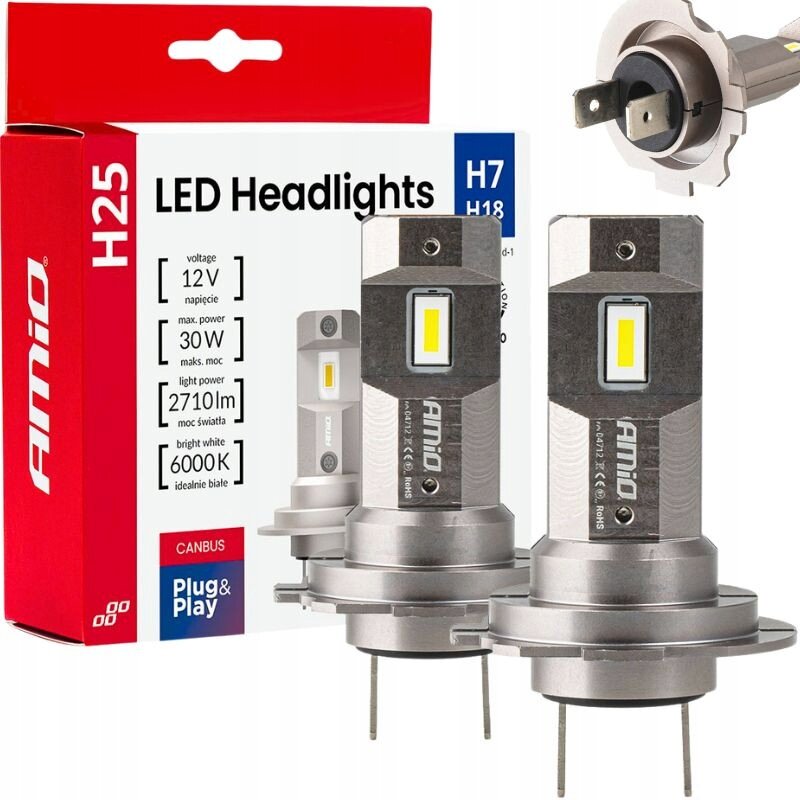 Opakowanie żarówek samochodowych LED H25 z widocznymi dwoma żarówkami i tekstem: \'LED Headlights H7 H18, voltage 12V, max. power 30W, light power 2710lm, bright white 6000K\'.