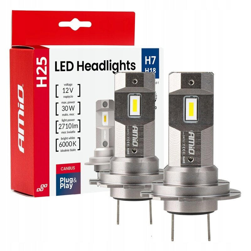 Na obrazie widoczne są dwie żarówki samochodowe LED z oznaczeniem Amio, umieszczone przed opakowaniem z napisem \'H25 LED Headlights H7 H18\'. Na opakowaniu znajdują się informacje: \'voltage 12V\', \'max. power 30W\', \'light power 2710lm\', \'bright white 6000K\', \'CANBUS\', \'Plug & Play\'.