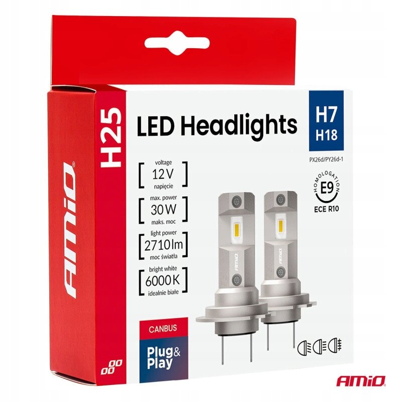 Opakowanie żarówek LED H25 z logo \'amio\', zawierające informacje: napięcie 12V, maks. moc 30W, moc światła 2710lm, idealnie białe 6000K. Widoczne są dwie żarówki oraz oznaczenia homologacji E9 ECE R10 i funkcja CANBUS Plug & Play.