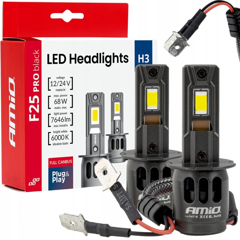 Na obrazie widoczne są dwie żarówki samochodowe LED oraz opakowanie z napisem \'Amio F25 Pro black LED Headlights H3\'. Opakowanie zawiera informacje: \'voltage 12/24V\', \'max. power 68W\', \'light power 7646lm\', \'bright white 6000K\'.