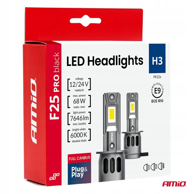 Opakowanie żarówek LED H3 marki Amio z oznaczeniami: napięcie 12/24V, maks. moc 68W, moc światła 7646lm, idealnie białe 6000K. Widoczne logo Amio oraz napisy: \'F25 PRO black\', \'FULL CANBUS\', \'Plug & Play\'.
