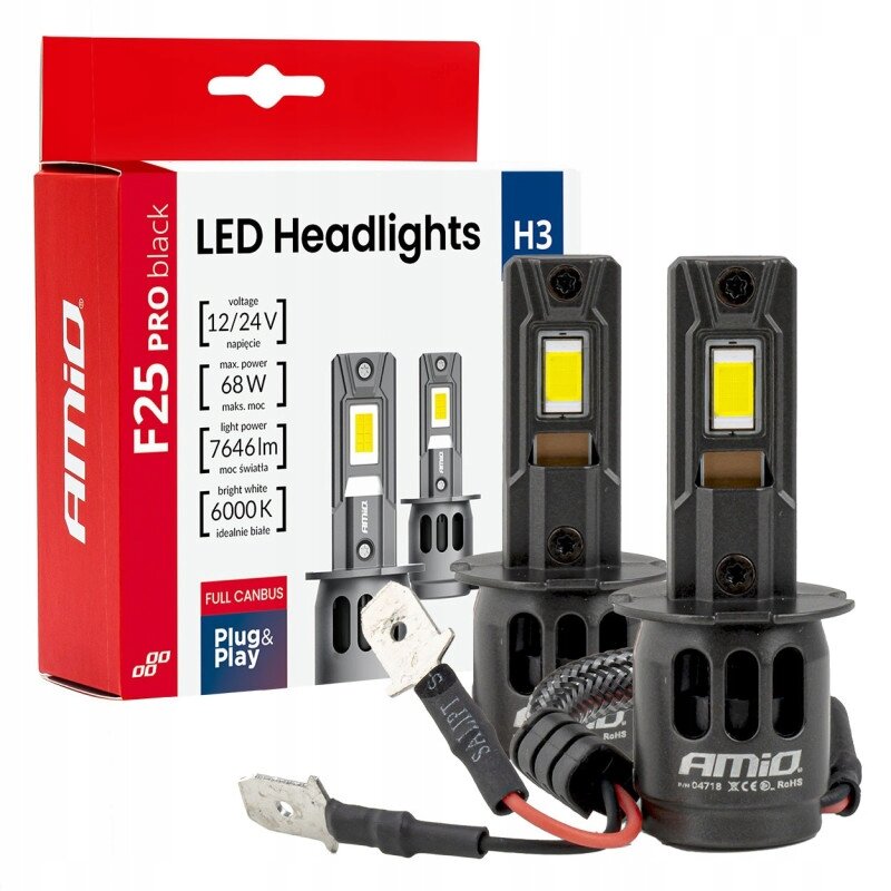 Na obrazie widoczne są dwie żarówki samochodowe Amio H3 LED F25 Canbus Black oraz opakowanie z napisem \'LED Headlights H3\'. Na opakowaniu znajdują się informacje: \'voltage [12/24V]\', \'max. power 68W\', \'light power 7646lm\', \'bright white 6000K\', \'FULL CANBUS\', \'Plug & Play\'.