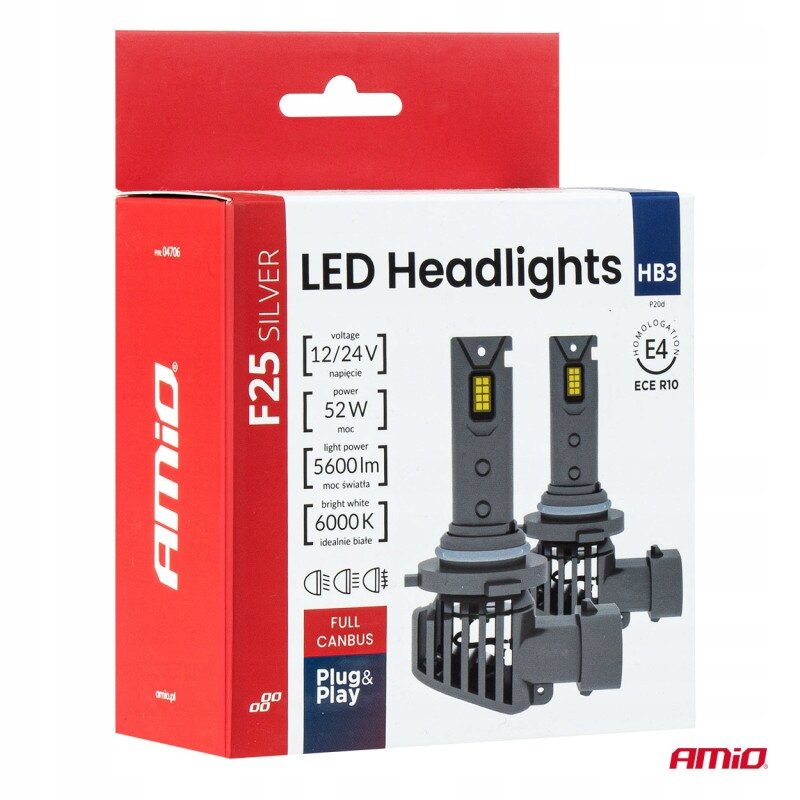 Opakowanie żarówek LED AMiO HB3 F25 Silver z widocznymi parametrami: napięcie 12/24V, moc 52W, moc światła 5600lm, idealnie białe 6000K. Na opakowaniu znajduje się logo AMiO oraz oznaczenia \'FULL CANBUS\' i \'Plug & Play\'.