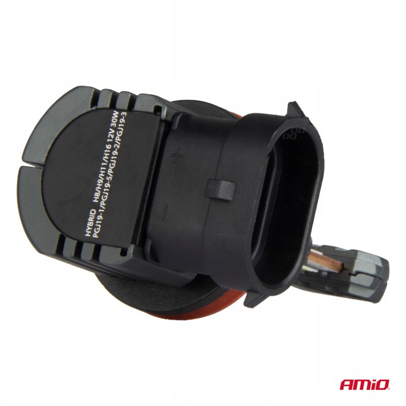 Zdjęcie przedstawia czarną żarówkę LED z widocznymi oznaczeniami: \'HYBRID H8/H9/H11/H16 12V 30W PGL91.1/PGL91.5/PGL91.2/PGL91.3\'. W prawym dolnym rogu znajduje się czerwone logo \'AMIO\'.