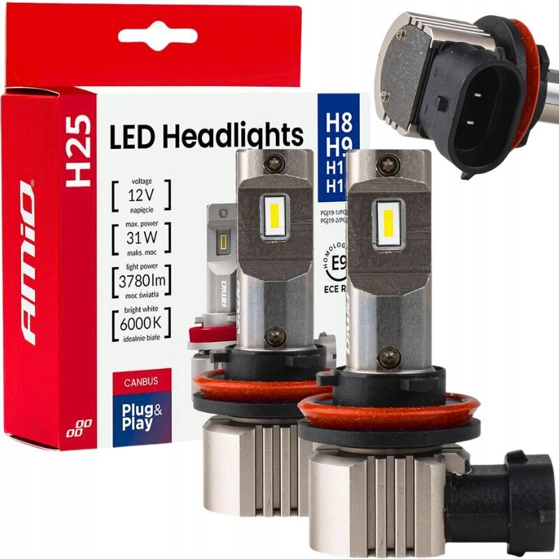 Opakowanie żarówek samochodowych LED H25 z widocznymi dwoma żarówkami i złączem. Na opakowaniu widnieje tekst: \'LED Headlights\', \'H8 H9 H11 H16\', \'voltage 12V\', \'max. power 31W\', \'light power 3780lm\', \'bright white 6000K\', \'CANBUS\', \'Plug & Play\'.