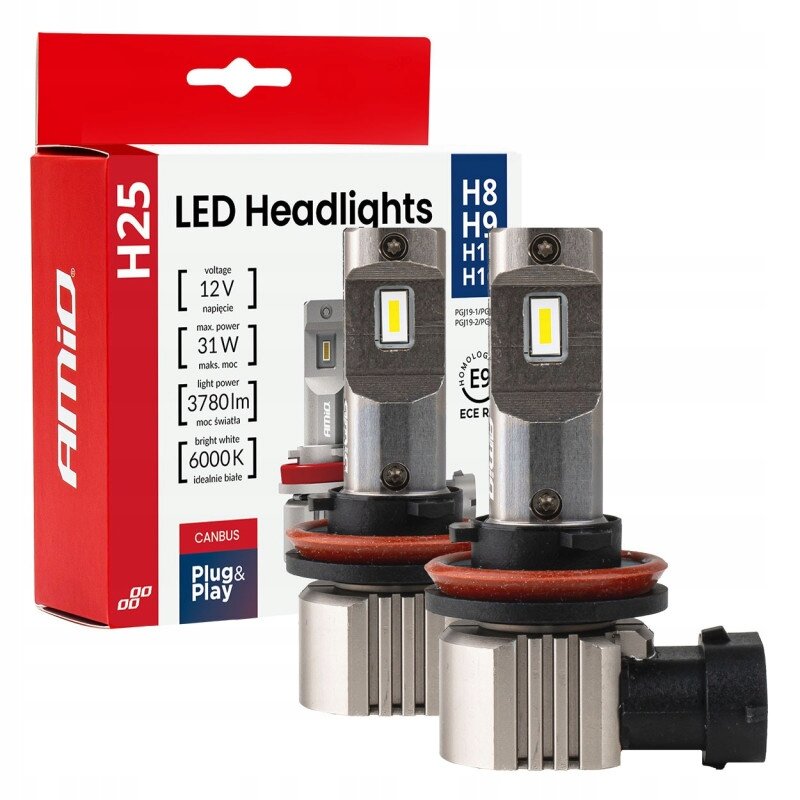 Obraz przedstawia dwie żarówki samochodowe LED z opakowaniem. Na opakowaniu widnieje tekst: \'H25 LED Headlights\', \'12V\', \'31W\', \'3780lm\', \'6000K\', \'CANBUS\', \'Plug & Play\'.