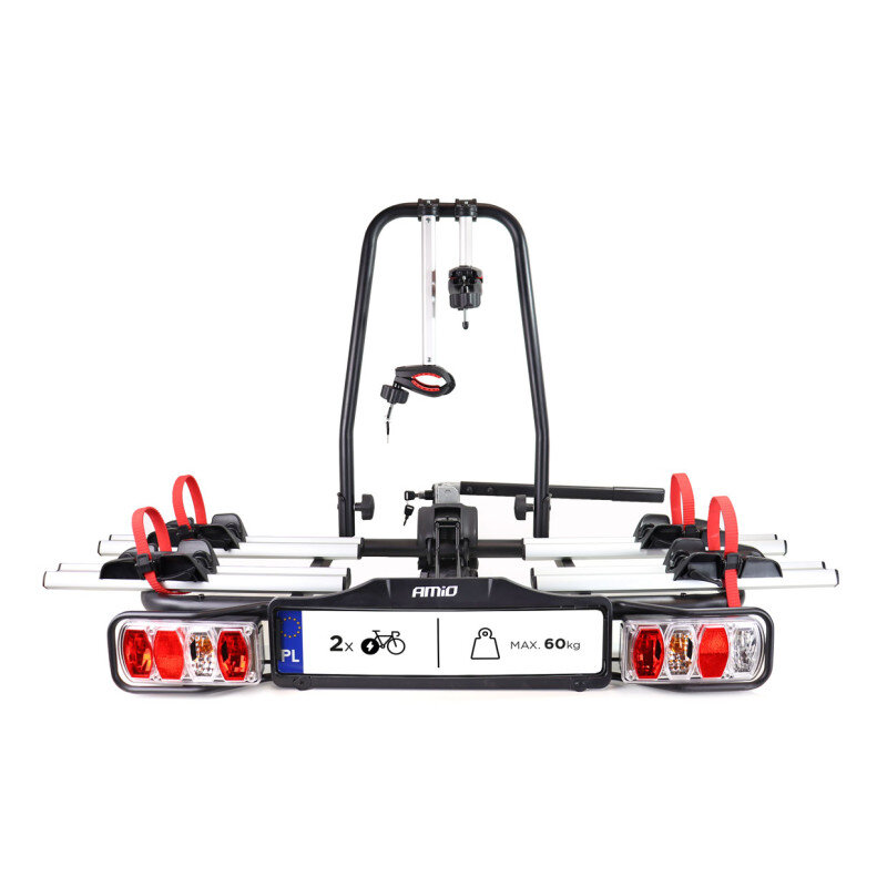 Bagażnik rowerowy z logo AMiO, wyposażony w uchwyty na dwa rowery z czerwonymi paskami mocującymi. Na tablicy widnieje napis \'2x\', symbol roweru oraz \'MAX. 60 kg\'.
