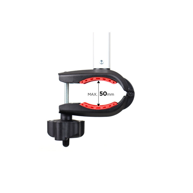 Obraz przedstawia uchwyt rowerowy z oznaczeniem \'MAX. 50 mm\'. Uchwyt jest czarno-czerwony z metalowym elementem mocującym.