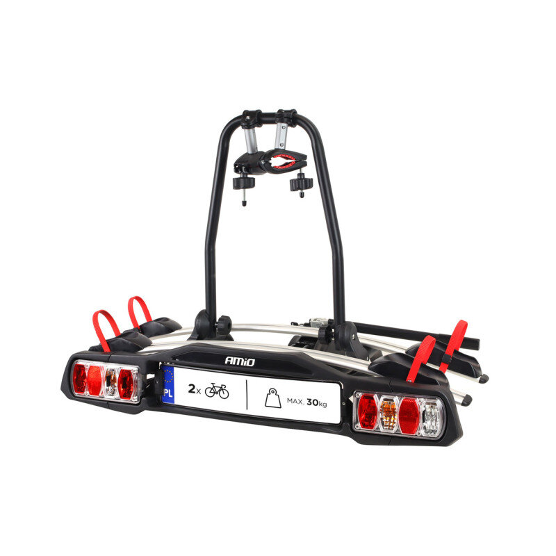 Bagażnik rowerowy na hak z miejscem na dwa rowery, oznaczony logo \'AMiO\'. Widoczne są czerwone i białe światła oraz napis \'2x\' i \'MAX 30 kg\'.
