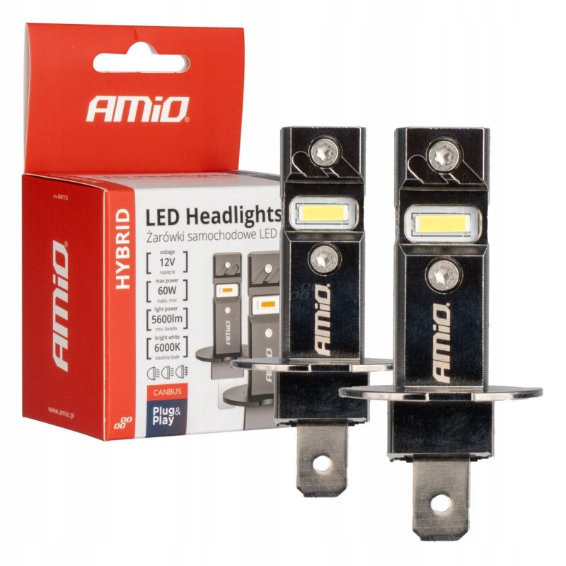 Na obrazie widoczne są dwie żarówki LED oraz opakowanie z napisem \'Amio LED Headlights Żarówki samochodowe LED\'. Opakowanie zawiera informacje: \'voltage 12V\', \'max power 60W\', \'light power 5600lm\', \'bright white 6000K\'.