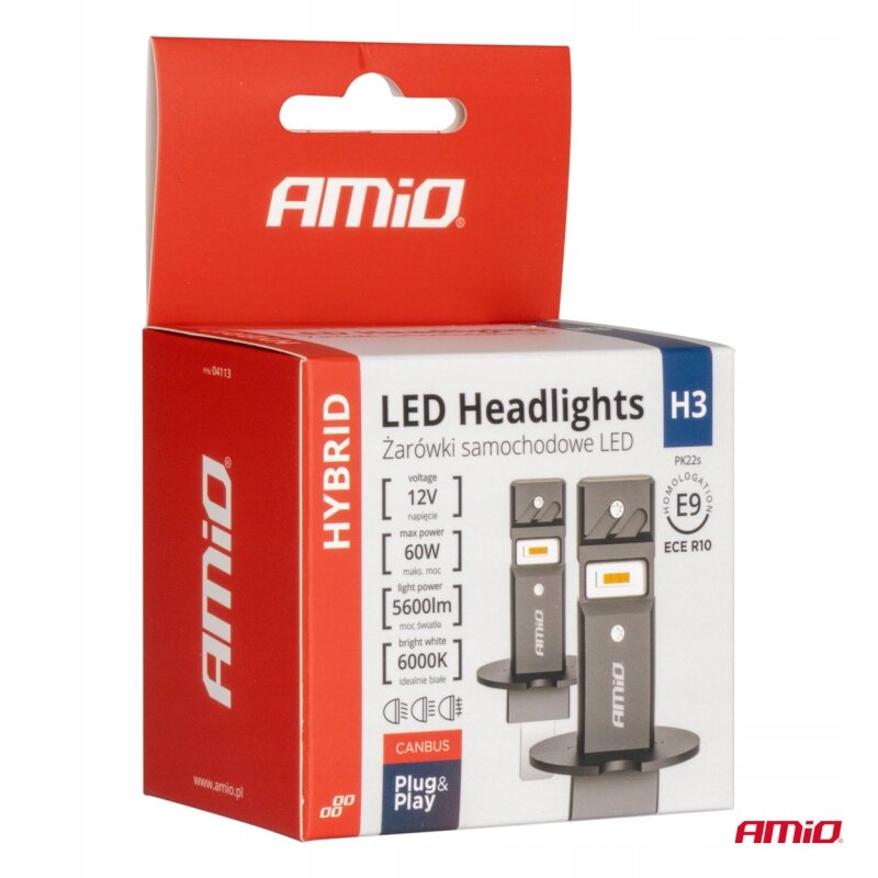 Opakowanie żarówek samochodowych LED marki Amio z oznaczeniem H3, o mocy 60W i jasności 5600Lm. Na opakowaniu widnieje napis \'Żarówki samochodowe LED\' oraz logo Amio.
