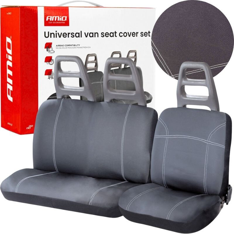 Na obrazie widoczne są pokrowce na fotele samochodowe w kolorze szarym z białymi przeszyciami, a w tle znajduje się pudełko z napisem \'Universal van seat cover set\'. Logo \'Amio\' jest umieszczone na pudełku.