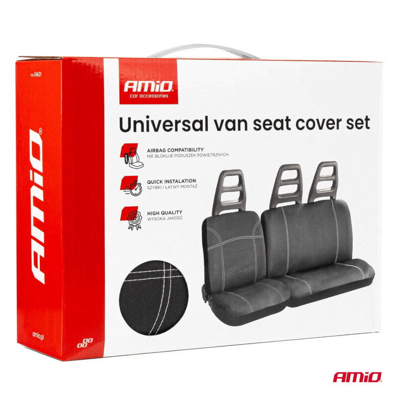 Opakowanie produktu z napisem \'Universal van seat cover set\' oraz logo \'Amio\'. Widoczne są ilustracje pokrowców na fotele samochodowe i informacje o kompatybilności z poduszkami powietrznymi, łatwym montażu i wysokiej jakości.