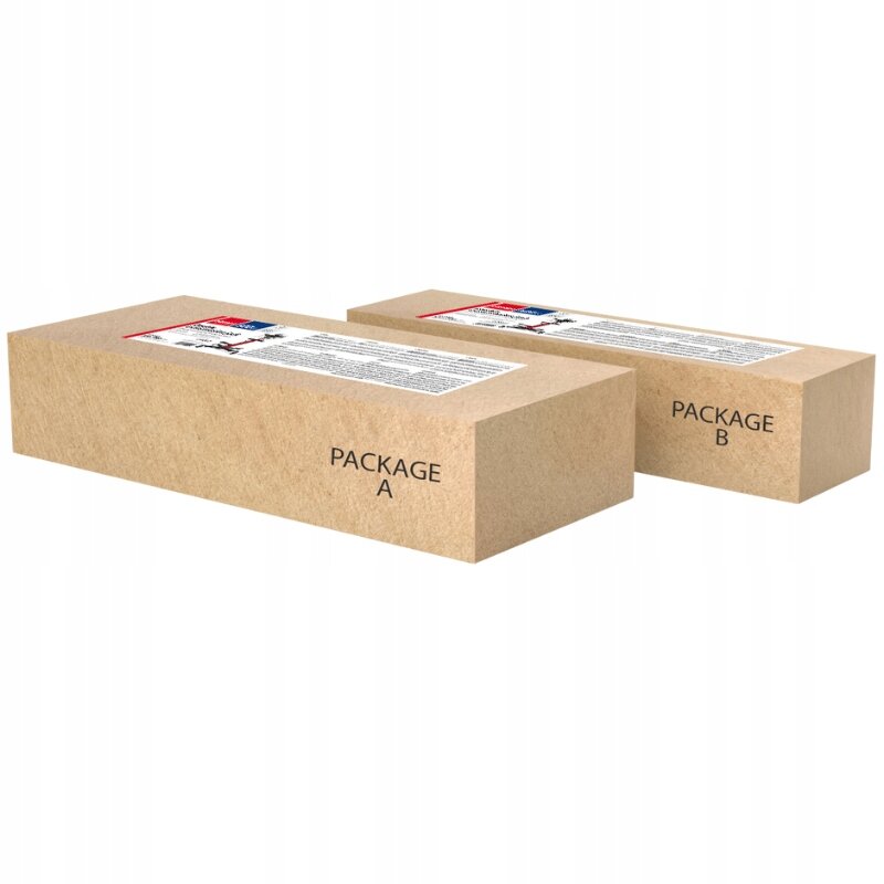 Dwa kartonowe pudełka oznaczone jako PACKAGE A i PACKAGE B, każde z etykietą zawierającą tekst i grafikę.