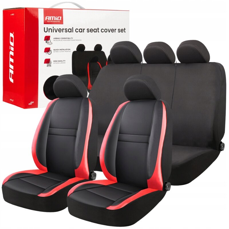 Zestaw uniwersalnych pokrowców na fotele samochodowe w kolorze czarnym z czerwonymi akcentami, widoczny na tle pudełka z napisem \'Universal car seat cover set\'. Na pudełku znajdują się ikony z opisami: \'Airbag compatibility\', \'Quick installation\', \'High quality\'.