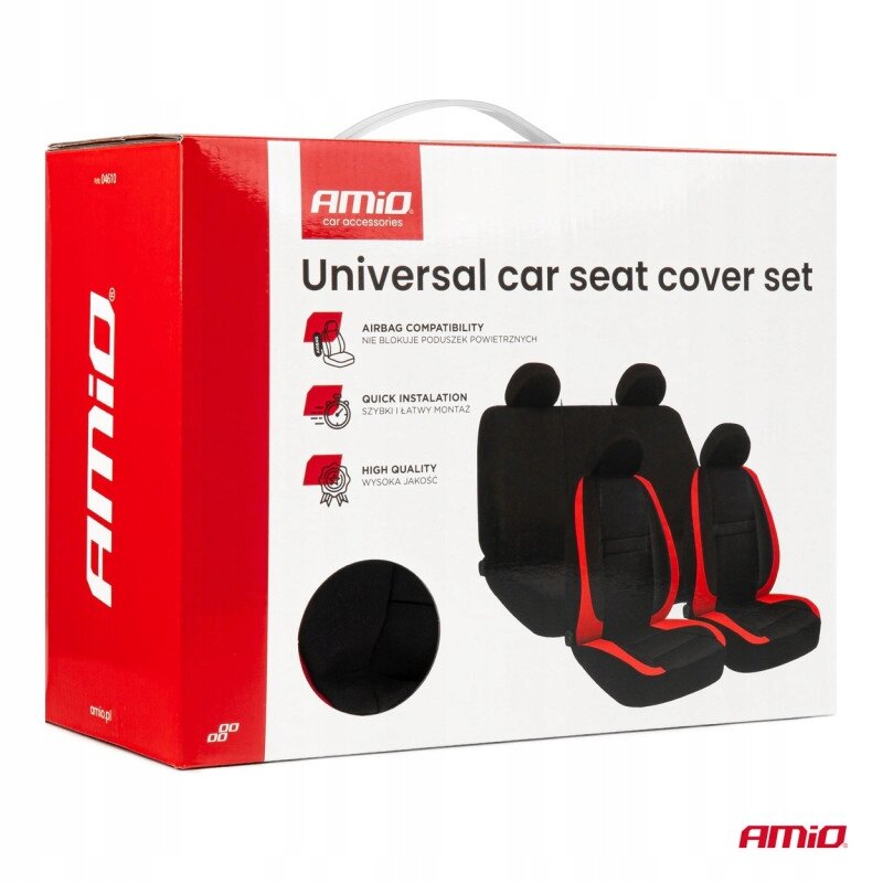 Opakowanie zestawu uniwersalnych pokrowców na fotele samochodowe z logo \'AMiO\'. Widoczne są informacje: \'Airbag compatibility\', \'Quick installation\', \'High quality\'.