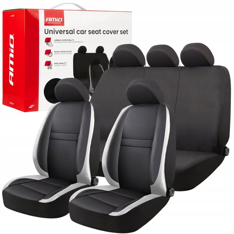 Na obrazie widoczne są czarne pokrowce samochodowe na fotele z szarymi wstawkami oraz opakowanie z napisem \'Universal car seat cover set\'. Logo producenta to \'Amio\'.