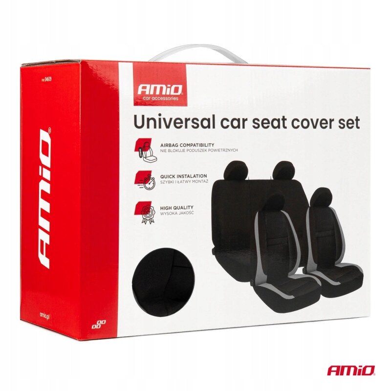 Opakowanie produktu z napisem \'Universal car seat cover set\' oraz logo \'AMiO\'. Widoczne są ilustracje pokrowców samochodowych i informacje: \'Airbag compatibility\', \'Quick installation\', \'High quality\'.