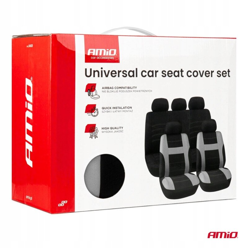 Opakowanie zestawu uniwersalnych pokrowców na fotele samochodowe z logo \'AMiO car accessories\'. Widoczne są informacje: \'Airbag compatibility\', \'Quick installation\', \'High quality\' oraz ilustracja pokrowców.