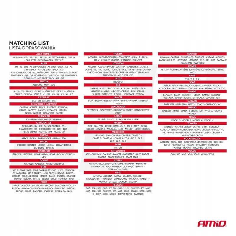 Lista dopasowania pokrowców samochodowych z nazwami marek i modeli pojazdów, takich jak Alfa Romeo, Audi, BMW, Citroen, Honda, Hyundai, Kia, Mercedes, Mitsubishi, Nissan, Opel, Peugeot, Renault, Seat, Subaru, Suzuki, Toyota, Volvo. Logo producenta: AMiO.