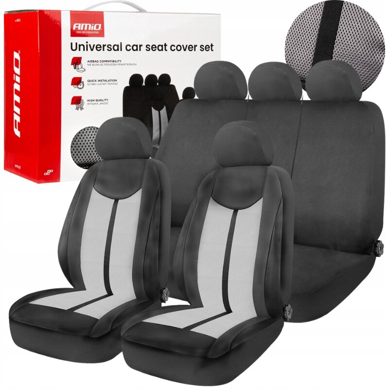 Zestaw uniwersalnych pokrowców na fotele samochodowe w kolorze czarno-szarym, z widocznymi zagłówkami. Obok znajduje się pudełko z napisem \'Amio Universal car seat cover set\'.