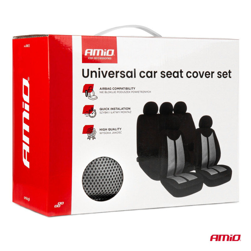 Opakowanie zestawu uniwersalnych pokrowców na fotele samochodowe z logo \'AMiO car accessories\'. Widoczne są ikony z opisami: \'Airbag compatibility\', \'Quick installation\', \'High quality\'.