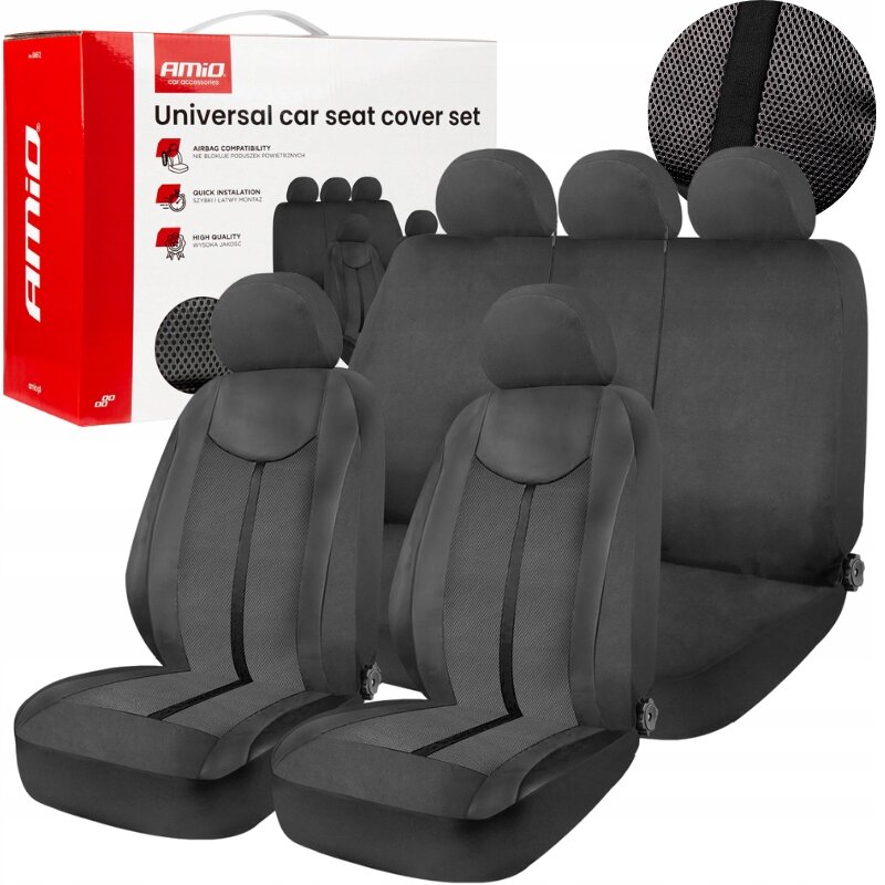 Na obrazie widoczne są czarne pokrowce samochodowe na fotele, z przodu i z tyłu, z zagłówkami. W tle znajduje się pudełko z napisem \'Universal car seat cover set\' oraz logo \'Amio\'.