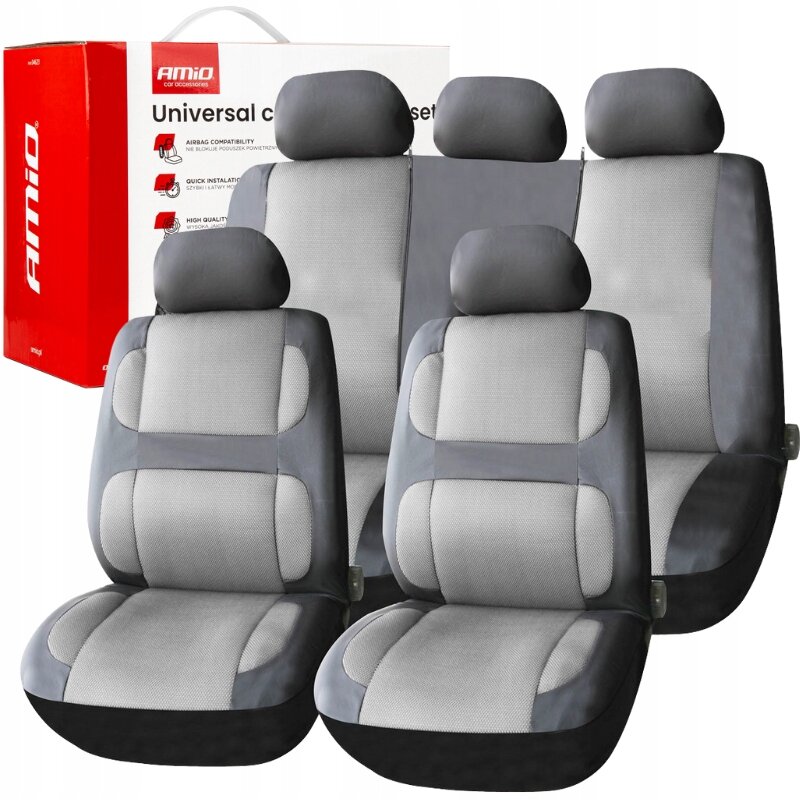 Na obrazie widoczne są szare pokrowce samochodowe na fotele z zagłówkami, a w tle znajduje się pudełko z napisem \'AMiO Universal car seat set\'.