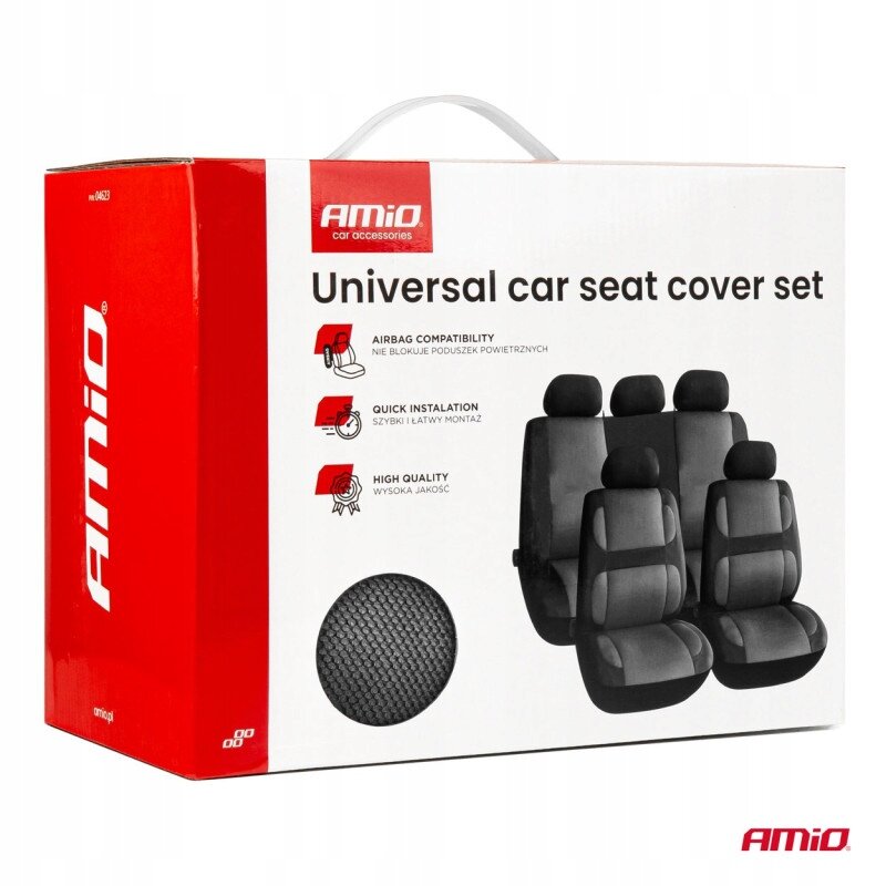 Opakowanie zestawu uniwersalnych pokrowców na fotele samochodowe z logo \'AMiO\'. Widoczne są informacje: \'Airbag compatibility\', \'Quick installation\', \'High quality\' oraz ilustracja pokrowców.